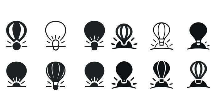 Set of twelve creative hot air balloon and light bulb icons in black silhouette