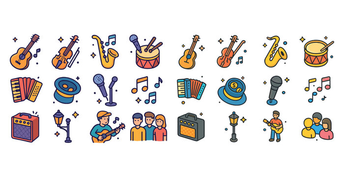Colorful music instrument icons set with instruments, musicians, and symbols - Powered by Adobe