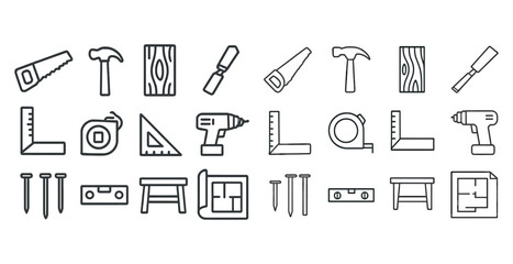 Obraz premium Outline icons of carpentry and construction tools including saw, hammer, drill, and measuring tape
