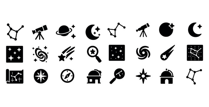 Astronomy icons set: stars, telescopes, constellations, moon, galaxy, planet, space