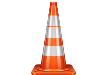 Orange and White Striped Plastic Traffic Safety Cone Front View Isolated on Transparent Background PNG