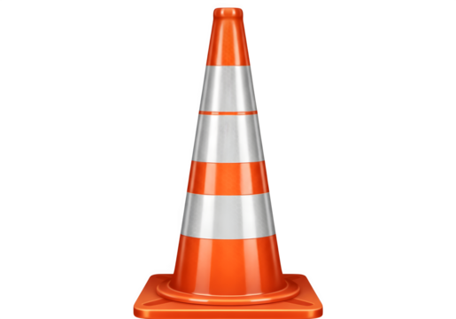 Orange and White Striped Plastic Traffic Safety Cone Front View Isolated on Transparent Background PNG