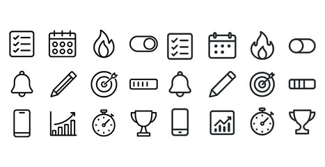 Naklejka premium Set of 24 minimalist black line icons: checklist, calendar, fire, toggle, bell, pencil, target, phone, chart