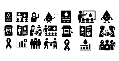 Water awareness icons: conservation, education, community engagement