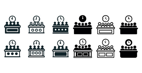 Diverse icon set of clocks and people at meeting conference tables