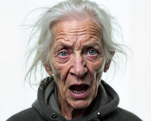 Elderly woman with white hair and a black hoodie, displaying a shocked expression, with wide eyes and an open mouth, conveying a sense of surprise and astonishment.
