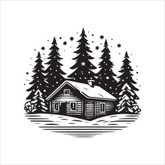 Naklejka premium Black and White Winter Cabin in Snow Vector Illustration