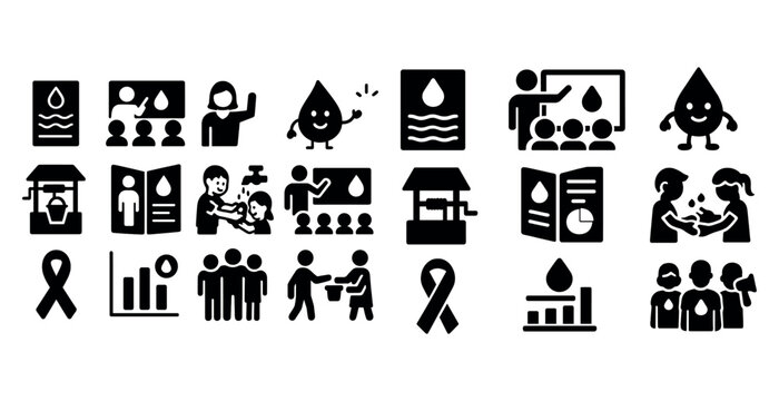 Water awareness icons: conservation, education, community engagement