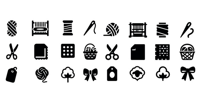 Assorted yarn and knitting icons set in black symbols