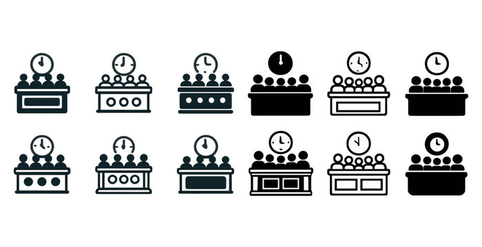 Diverse icon set of clocks and people at meeting conference tables