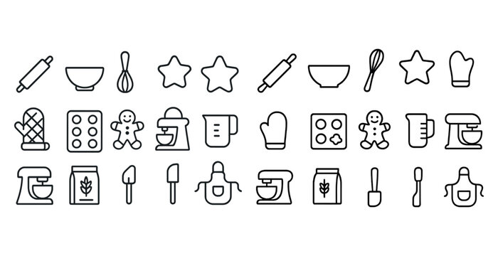 Line art kitchen tools and baking icons set for culinary design
