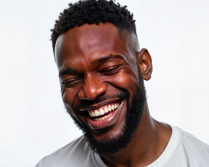Man with dark skin and short black hair, laughing with eyes closed, showing white teeth and having a joyful expression with visible happiness.