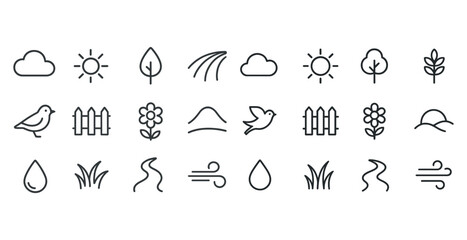 Minimalist nature icons set featuring weather, plants, and wildlife elements in simple line art style