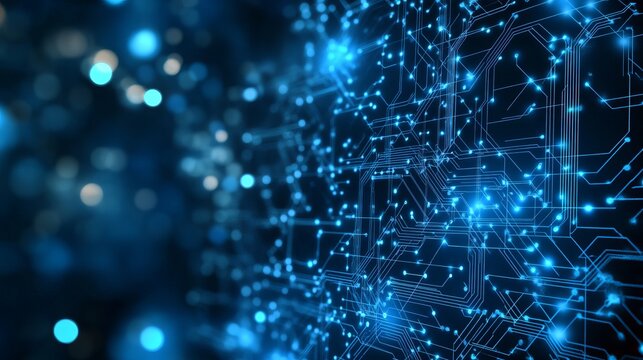 Dynamic digital circuit board glowing with vibrant blue light, representing cutting-edge technology and artificial intelligence concepts - Powered by Adobe