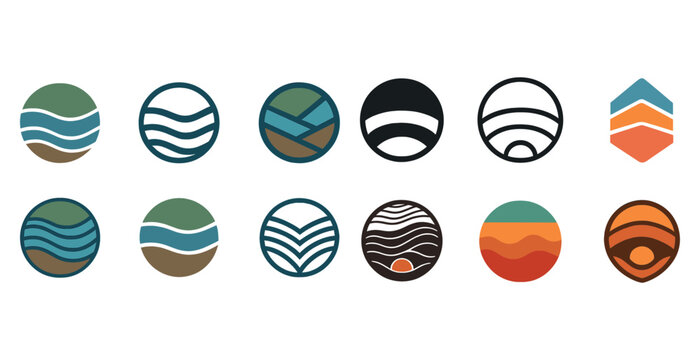 Circular nature-inspired abstract logos with wavy and mountain elements