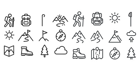 Hiking and adventure icons including backpack, compass, mountain, and sun symbols