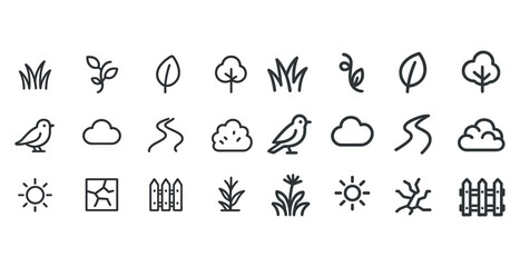 Minimalistic nature icons: plants, trees, birds, clouds, and sun designs