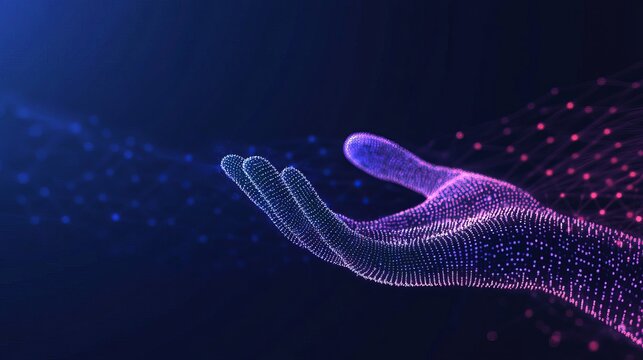 Stunning digital hand reaching out against vibrant blue and purple backdrop, perfect for showcasing innovative technology and futuristic concepts