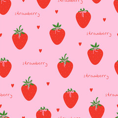 Strawberry. Cute simple doodle strawberries pink red seamless pattern.