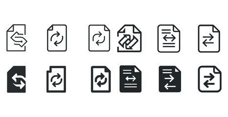 Set of document synchronization and file sharing icons in black and white