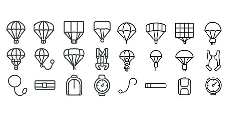 Set of parachute icons with hot air balloons and accessories in line art style