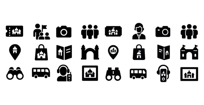 Travel icons set: sightseeing, transportation, landmarks, tour guide, camera