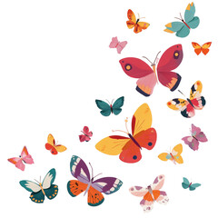 A vibrant collection of colorful butterflies in flight.