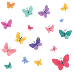 A beautiful collection of colorful watercolor butterflies flying together.