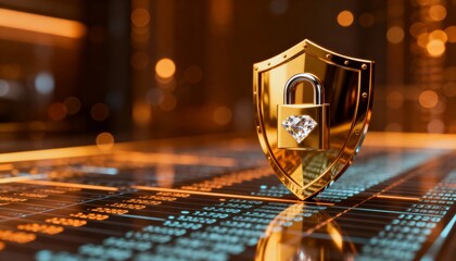 Glowing digital shield with padlock icon representing cyber security on futuristic technology background. Data protection and network safety concept with copy space on the left.