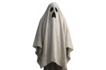 Ghost figure covering in a white sheet with cutout eyes and mouth, depicting a spooky halloween costume or supernatural spirit