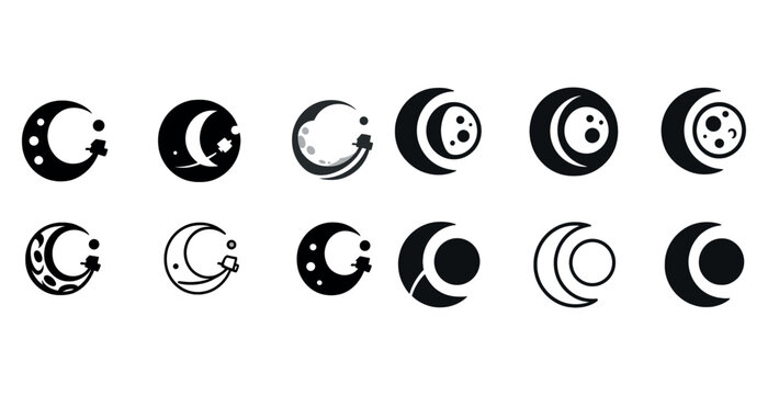 Set of crescent moon symbols with star and circle variations