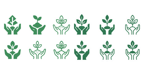 Collection of green plant growth icons with hands holding saplings