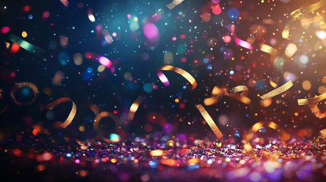 Celebrate success with elegant golden confetti and vibrant bokeh lights for a stunning party or event background graphic, perfect for festive occasions