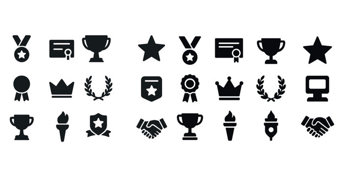 Collection of award and achievement icons: trophies, medals, certificates, stars, crowns, laurel
