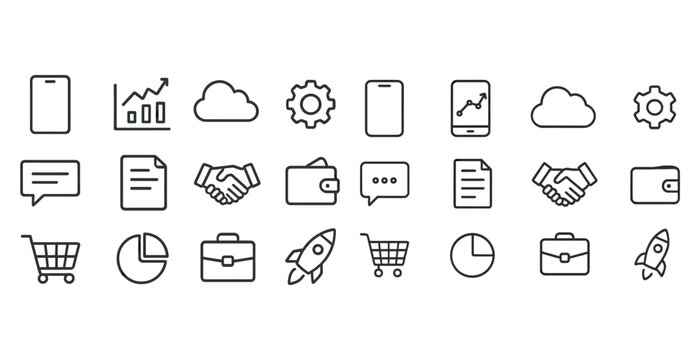 Set of business and technology icons including graph, cloud, handshake, wallet, rocket, shopping cart