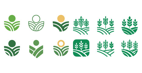 Collection of green agricultural logos featuring plants and fields