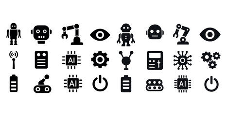 Black and white technology icons featuring robots, ai, and machinery