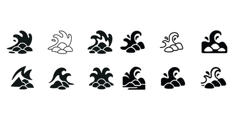 Fototapeta premium Twelve unique wave and rock icons in black and white minimalist style