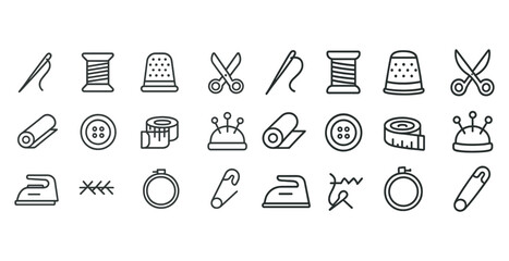 Minimalist sewing tools icons set – needles, threads, scissors, thimbles, pins, iron