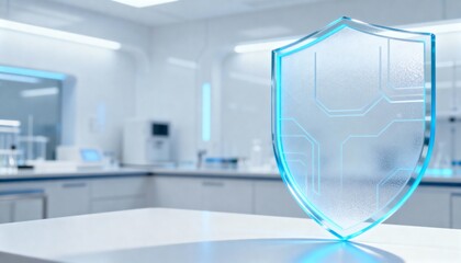 Glowing digital shield with padlock icon representing cyber security on futuristic technology background. Data protection and network safety concept with copy space on the left.