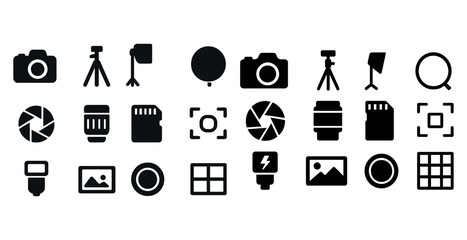 Photography and video equipment icons set: camera, tripod, lens, flash, microphone, memory card
