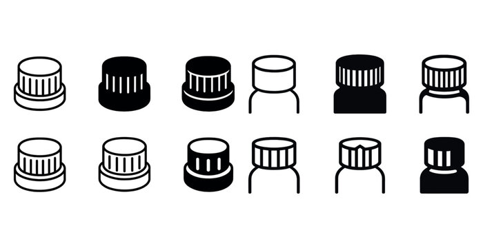 Variety of black and white bottle cap icons in different styles and profiles