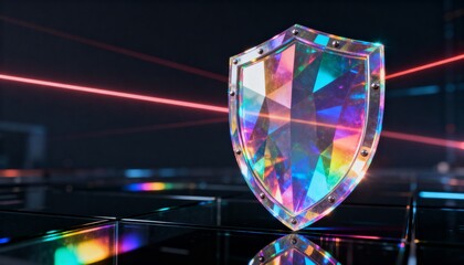 Glowing digital shield with padlock icon representing cyber security on futuristic technology background. Data protection and network safety concept with copy space on the left.