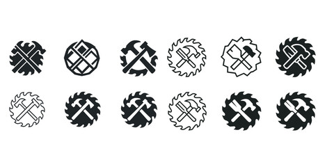 Black and white circular tool icons featuring hammers and saws