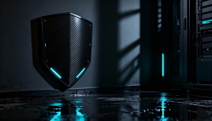 Glowing digital shield with padlock icon representing cyber security on futuristic technology background. Data protection and network safety concept with copy space on the left.