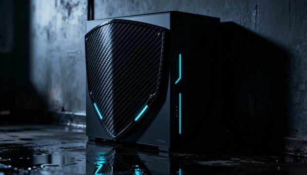 Glowing digital shield with padlock icon representing cyber security on futuristic technology background. Data protection and network safety concept with copy space on the left.