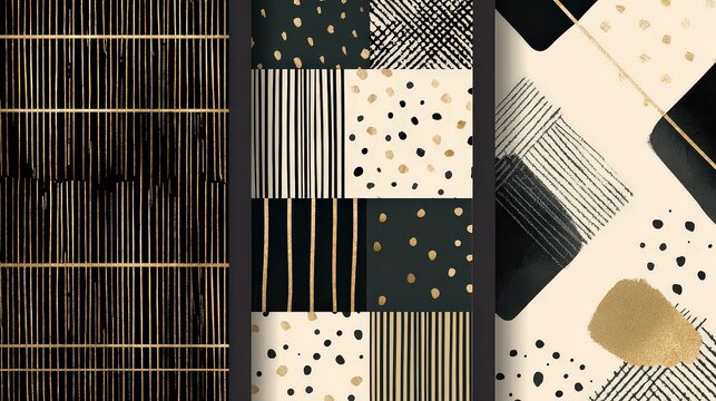 Abstract Graphic Design with Geometric Patterns in Gold and Black Tones on Cream Background