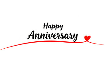 Black 'Happy Anniversary' text (sans-serif 'Happy', script 'Anniversary') with a vibrant red curved line and heart on a transparent background, minimalist and modern anniversary greeting concept