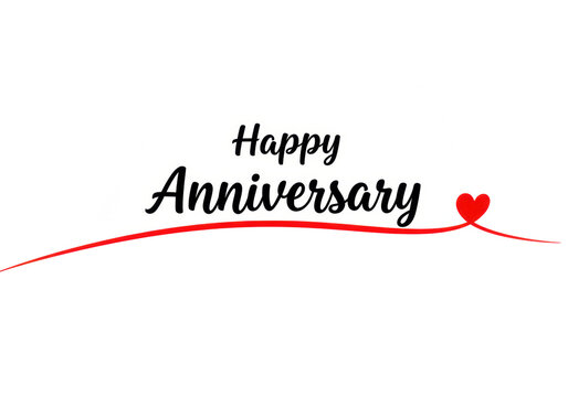 Black 'Happy Anniversary' text (sans-serif 'Happy', script 'Anniversary') with a vibrant red curved line and heart on a transparent background, minimalist and modern anniversary greeting concept