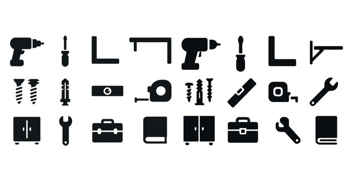 Black icons of tools and furniture elements including drill, screwdriver, wrench, and measuring tape
